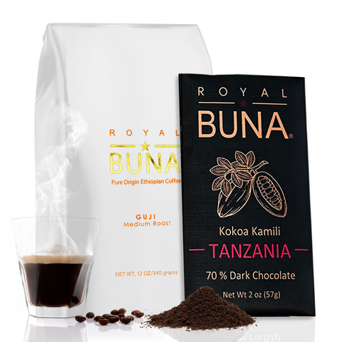 Royal Buna - Pure Gourmet Ethiopian Coffee Guji Highland Beans with Tanzania 70% Dark Chocolate Bar, Single-Origin Medium Roast Coffee, Sun Dried Coffee, 12 oz